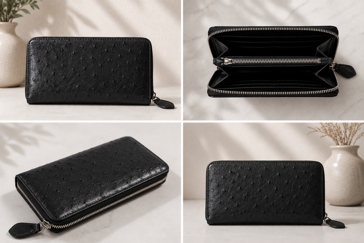 Ostrich Leather Zippered Wallet