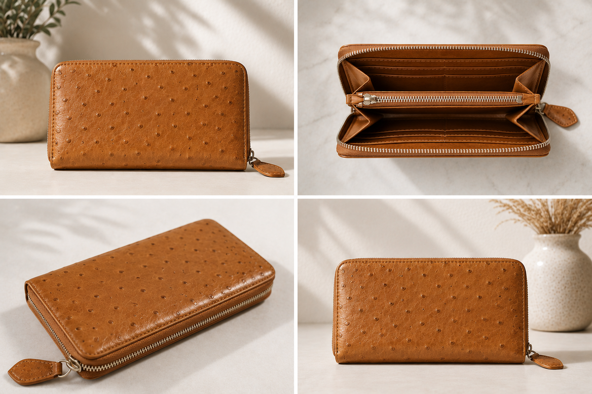 Ostrich Leather Zippered Wallet