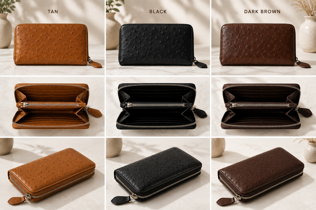 Ostrich Leather Zippered Wallet