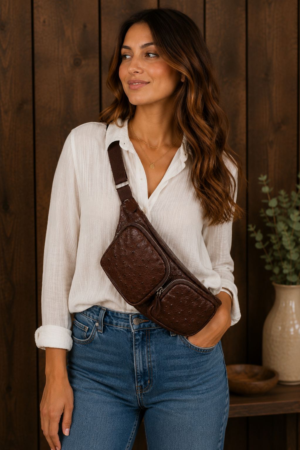 Ostrich Leather Large Sling Bag