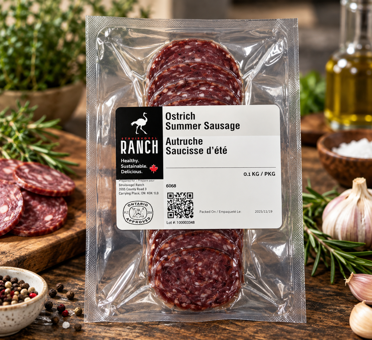 Ostrich Summer Sausage pre-sliced package (100g)